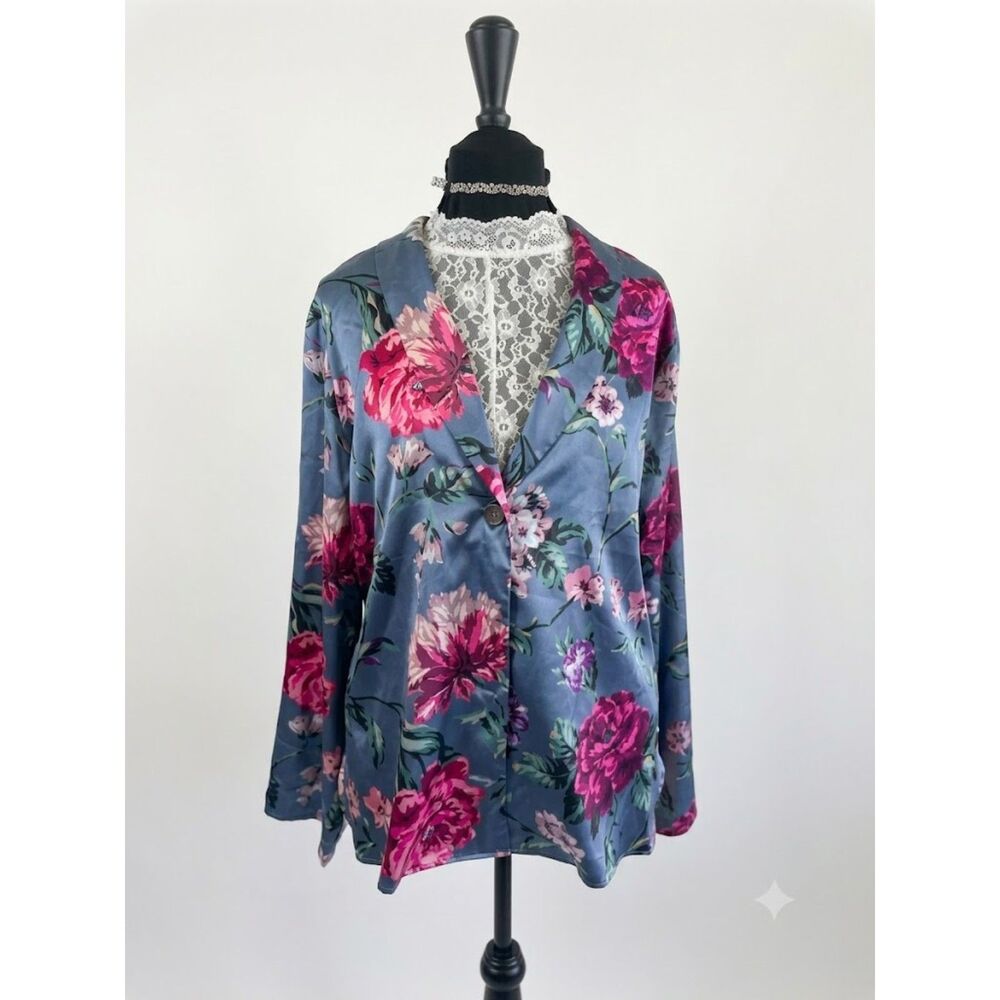 Victoria's Secret Floral Satin Shirt Blue Pink Red Long Sleeve Notch Collar L/G